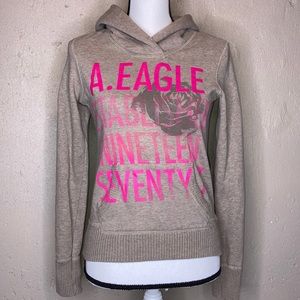 American Eagle Hoodie XS Brown Pink Graphic Extra Small Sweater Pull Over Hood